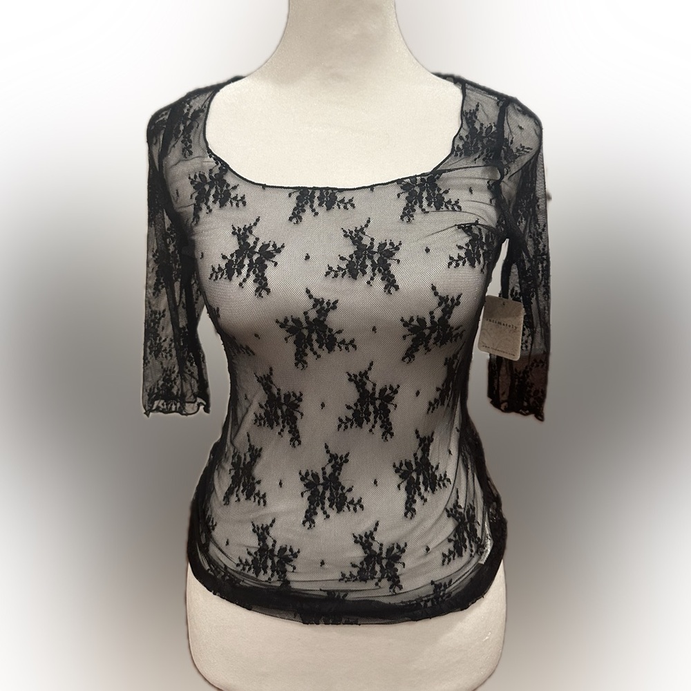 Free People black sheer lace embroidered 3/4 sleeve shirt